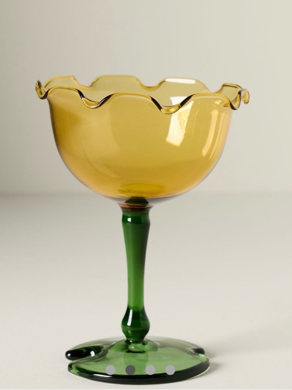 Anthropologie yellow Ruffled Glass Dessert Coupe with Green Stem
